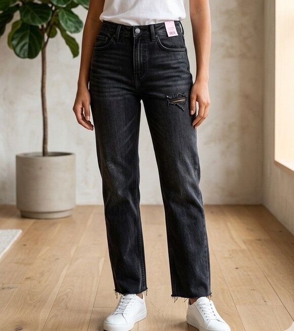 wild fable Denim - Wild Fable High Rise Easy Rigid Straight Jeans Womens Sz 10 Black Raw Hem New